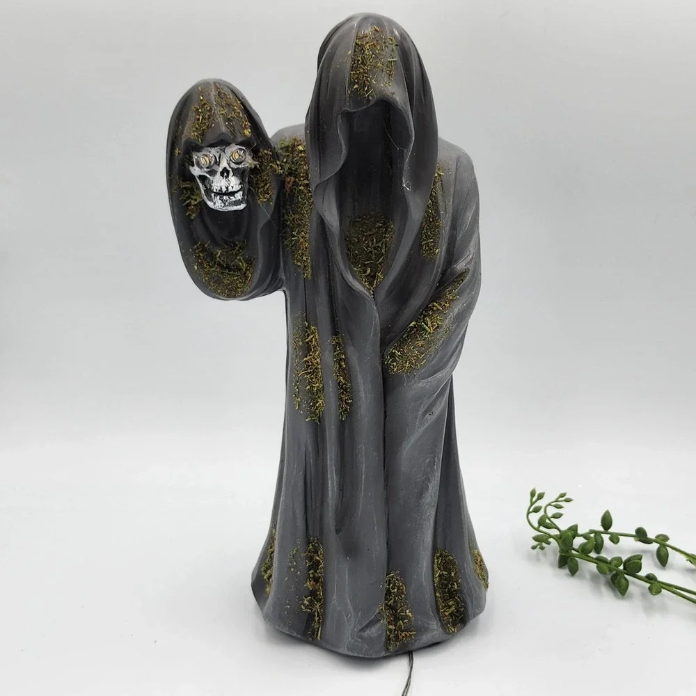 Martha Stewart Halloween Grim Reaper Figurine Gray Mossy Light Up Skull Gothic